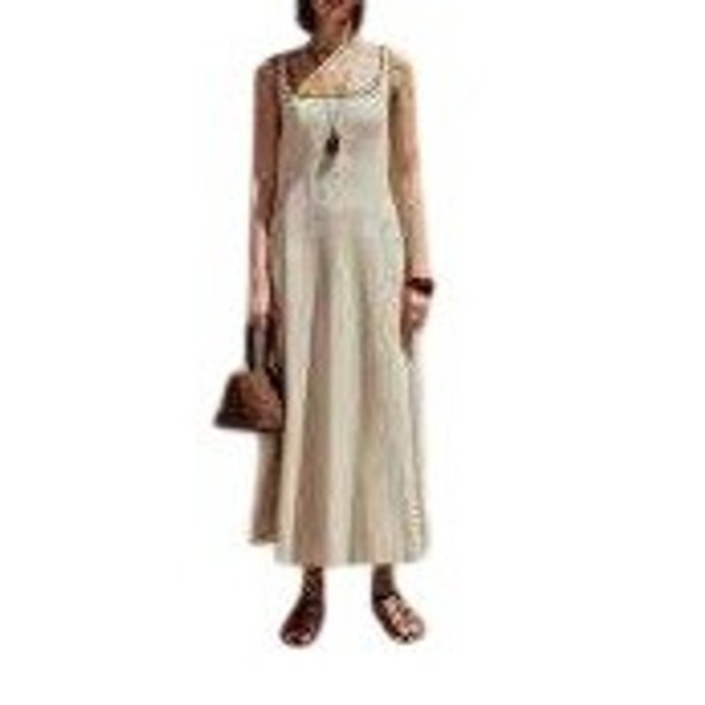 Zara Linen Blend Contrast Trim Midi Dress Beige Black Minimalist Quiet Luxury